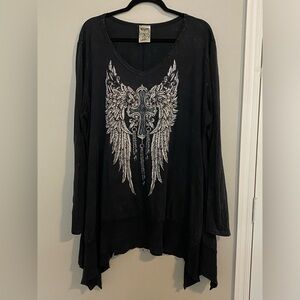 Vocal Women’s 3XL Embellished Crystal Mineral Gray Black Angel Wings Cross Tunic